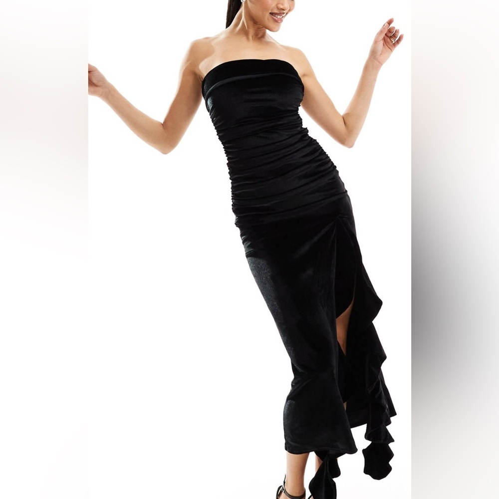 ASOS DESIGN velvet bandeau ruffle maxi dress in black